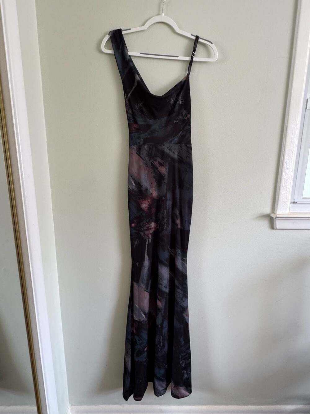 Club L London Phantasy Black Abstract Print Asymmetric Neckline Cowl Maxi Dress